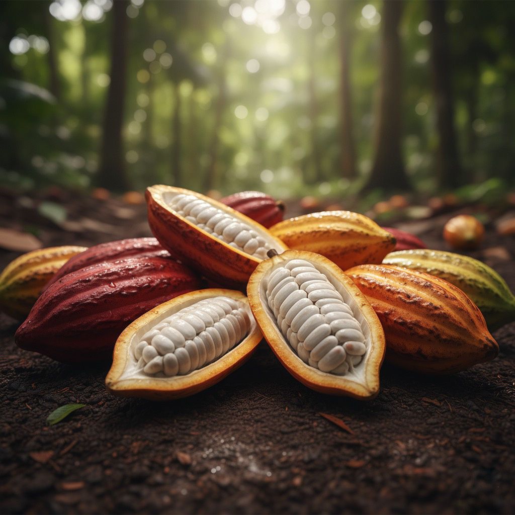 Mazorcas de cacao abiertas sobre la tierra