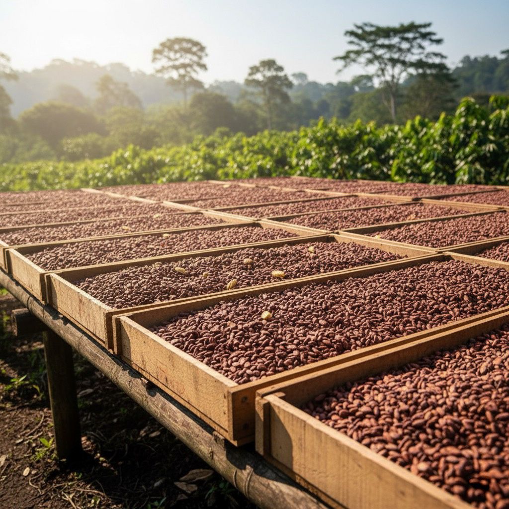 Cajones de secado con granos de cacao